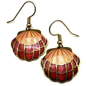Vintage Sea Shell Earrings Cloisonne Pink Red Enamel Gold Tone Clam Dangle Drop